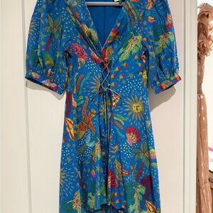 Farm Rio Ocean Stories, Blue Ruched Mini Sundress with Puff Sleeves